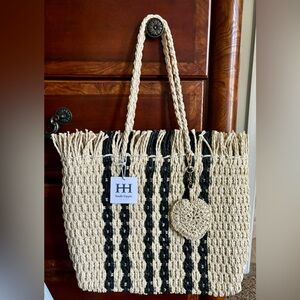 Haute Hippie Black And Beige Stripe Raffia Tote Bag NEW with tags